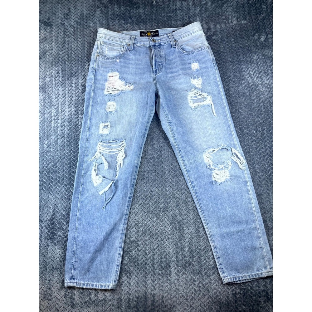 Lucky Brand Dylan Boyfriend Jeans Womens 4/27 Blue Denim Distressed Straight Leg